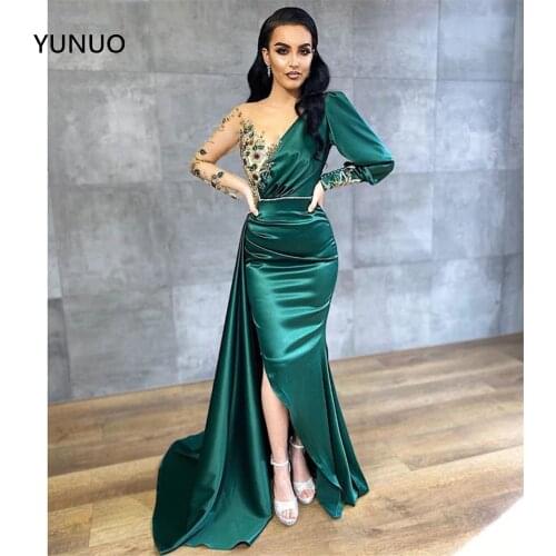 YUNUO Evening Dresses Long Sleeves Satin sukienka wieczorowa Formal Dress Embroidery Beading Prom Gowns Slit Sweep Train