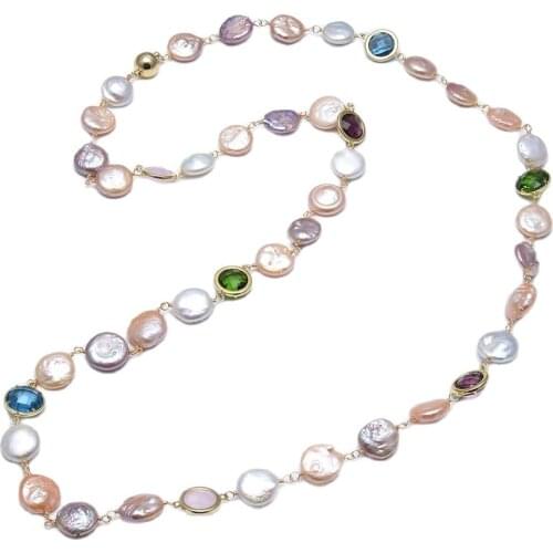 GuaiGuai Jewelry Natural White Purple Pink Keshi Coin Pearl Crystal Glass Coin Sweater chain Long Necklace Handmade For Women