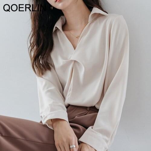 QOERLIN Blouse Women Korean Chic V-Neck Full Sleeve Ladies Blusa Shirts Spring 2021 Fashion Casual Female Tops Elegant Formal
