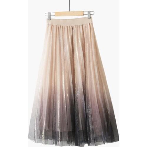 Starry Gradient Tulle Pleated Skirts Womens 2020 Spring Summer Reflective Fabric Long Skirts Womens Maxi Skirt Female Beige