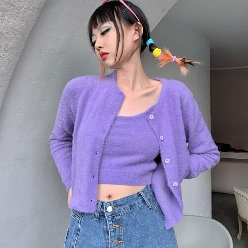 Women Vintage Inspired Fluffy Knit Camis Top Twinset Co-ord Fluffy Cardigan With Crew Neck