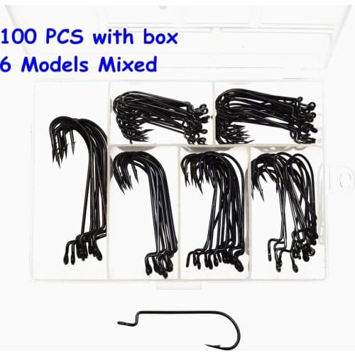100 PCS With box 6 Models Mixed Long Handle Barbed Fishing Hook for soft worm bait Offset Fishhooks