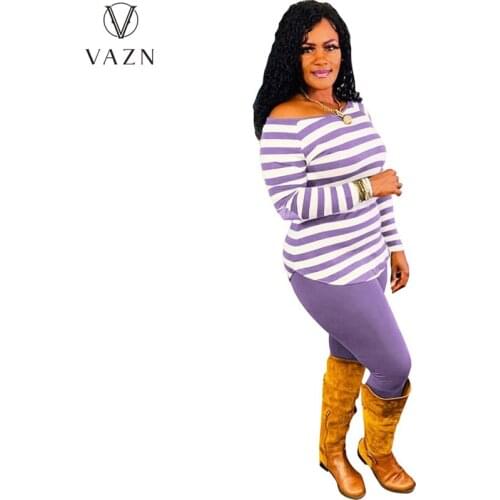 VAZN 2021 Autumn Hot Popular Striped Sweet Young Overalls Free Casual Full Sleeve Top Long Pencil Pants Slim Women 2 Piece Set