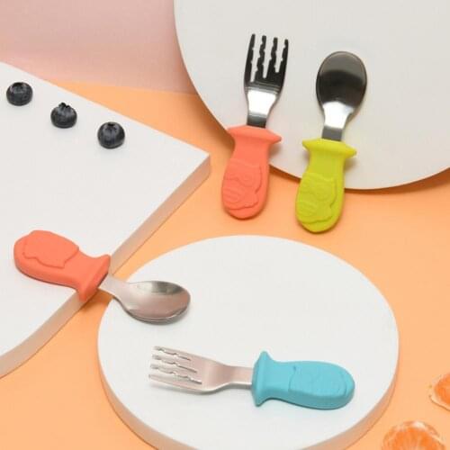 3Pcs/Set Creative Baby Dinnerware Non-slip Easy to Grip Stainless Steel Food Feeding Spoon Fork Toddler Feeding Supplies