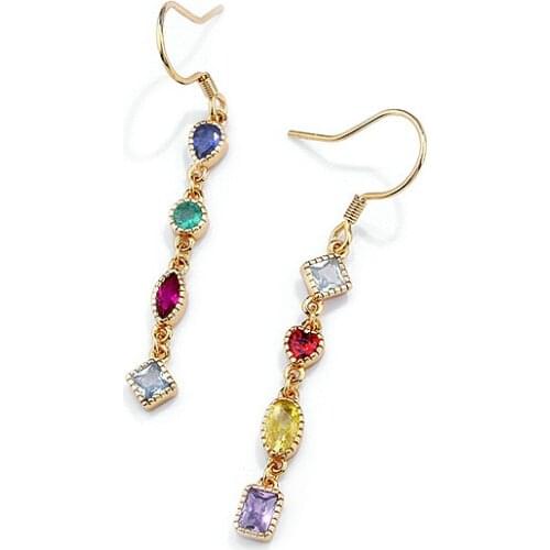 100% Authentic 925 Sterling silver Round Oval square Multi-colored Raoinbow color Zircon Dangle Earrings Long jEWELRY tle1118