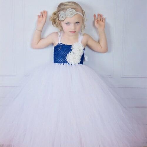 Little Girls White Long Tutu Dresses Kids Fluffy Crochet Tulle Tutus Ball Gown with Flowers Children Wedding Party Dress Clothes