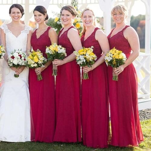 Burgundy Lace Chiffon Bridesmaid Dress 2021 V Neck Open Back A Line Wedding Guest Bridal Party Gowns