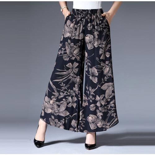 Summer Plus Size Middle-Aged And Elderly High-Waisted Wide-Leg Pants Female Mothers Dress Printed Skirt Casual Ninth Pants