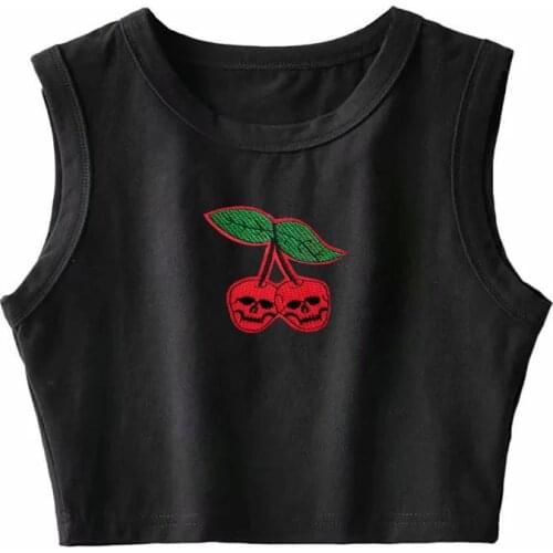 2019 Summer Sexy Slim Crop Top Womens Elasticity Slim Tank Tops Tees Novelty Cherry Top Cropped Feminino Black White