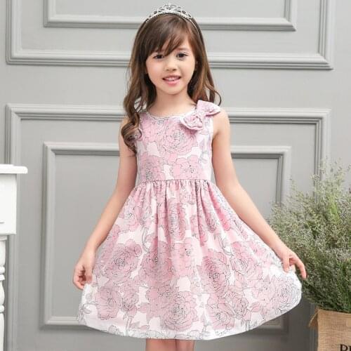 Cute Girls Pink Floral Dresses Summer Baby Girl Bowknot Print Princess Dress Fashion Kids Clothes Best Children Party Clothing