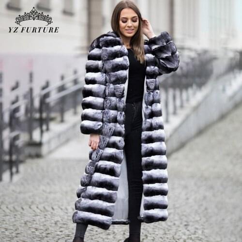 2021 Women New Winter Real Chinchilla Rex Rabbit Fur Coat With Big Hood X-Long Winter Jacket Real Fur Down Coat Natural Outwear