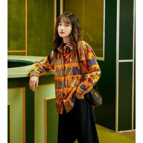 2021 Autumn Yellow Coat Women Loose Color Jacket Geometric Pattern Vintage Hong Kong style corduroy Fashion Designer Outwear