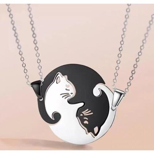 Cat Stitching Necklace For Lovers Stainless Steel Kitten Animal Pendant Necklace Couple Jewelry Friendship Valentines Day Gift