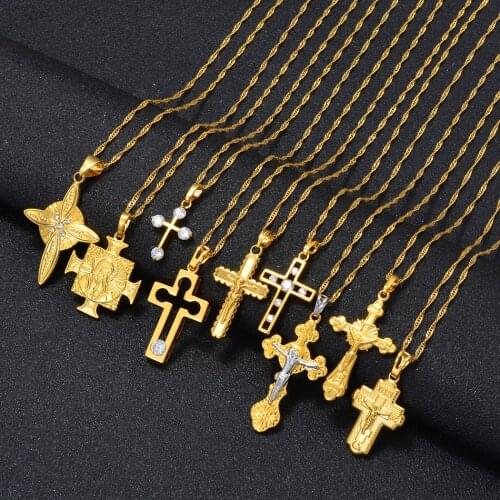 Anniyo Gold Plated Cross Pendant Neckalces Christian Orthodox Crucifixion INRI Saint Benedict Jesus Religion Jewelry #090104