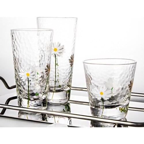 Japanese Style Hand-painted Small Chrysanthemum Hammer Pattern Crystal Glass Cup Lead-free Heat Resistance Glass Drinkware