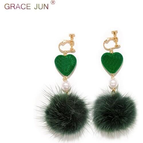 GRACE JUN High-grade Heart Mink Fur Ball Clip on Earrings No Pierced for Women Luxury Gold Color Pearl Clip Earrings 10 Colors