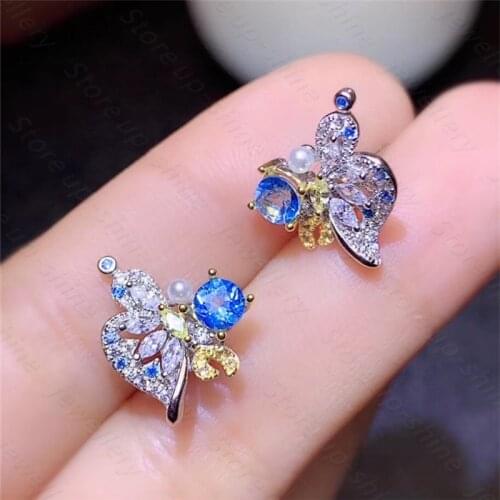 Natural Topaz Earrings 925 Silver Womens Earrings Two-tone Plating Process Butterfly Style