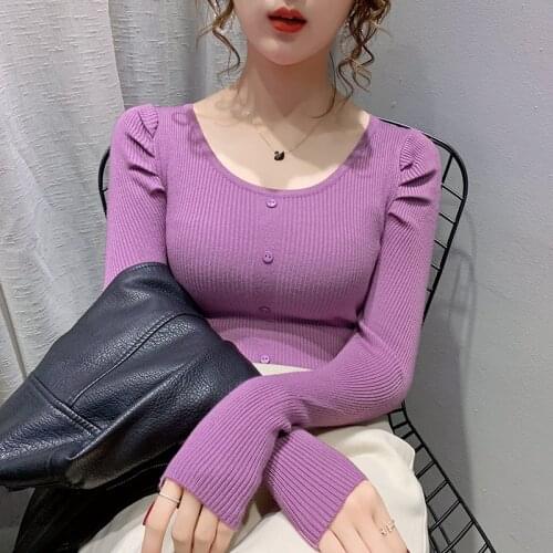Newest Autumn Vintage Sweater Women O-neck Puff Sleeves Slim Fit Solid Pullovers Single Breasted All-match Korean Chic Tops