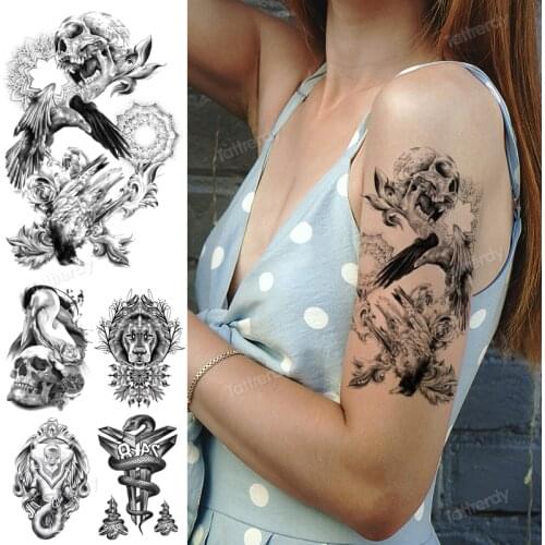 Arm sleeve skull death snake rose peony tattoo sticker anime cool body art painting water transfer tattoo fake waterproof black