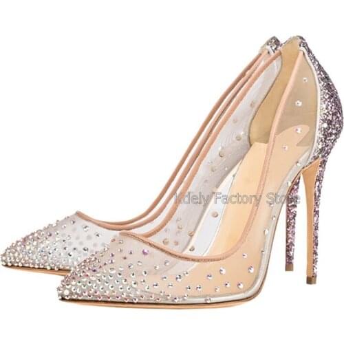 Plus size 46 beige mesh see though thin high heel party Shoes women sexy stilettos Heels Pointed Toe bling bling crystal Pumps
