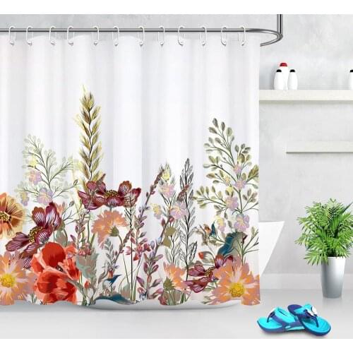 Vintage Watercolor Painting Bathroom Fabric Shower Curtain Multicolored Flowers White Background Spring Shower Curtain Set