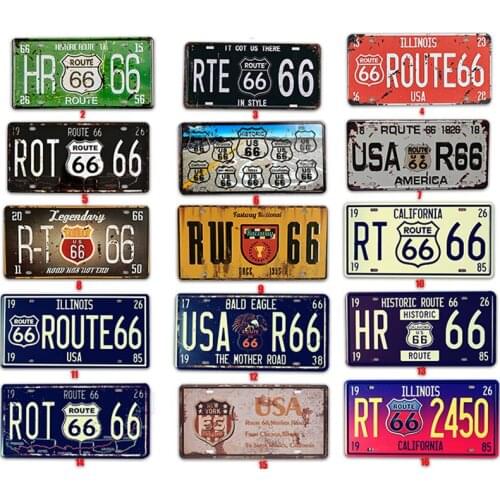 Vintage Poster Route 66 Car Number License Plate Plaque Poster Metal Tin Signs Bar Club Wall Garage Home Decoration 15*30cm