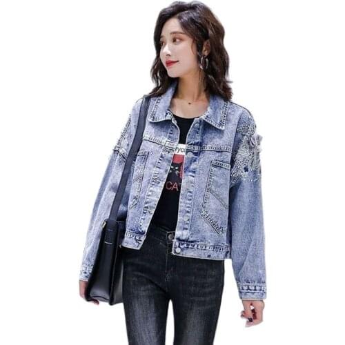 New 2021 Ladies Denim Jacke Eavy Industry Beading Embroidery Jeans Woman Short Coat Spring Autumn All-Match Female Jacket Top