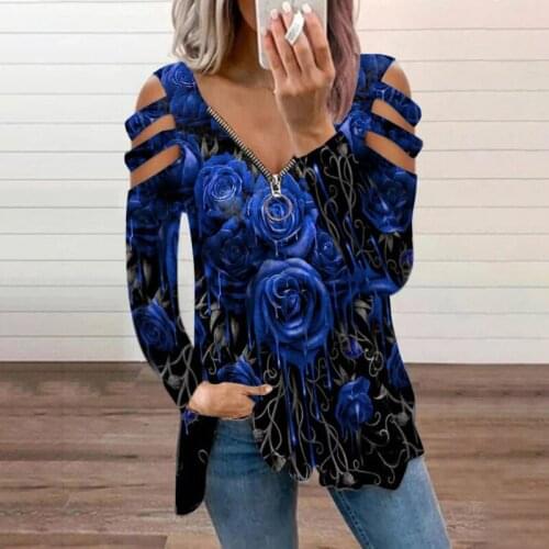 Autumn Women Long Sleeve Zipper V-Neck Tops Rose Printed Hollow Out T-Shirt Ladies Casual Loose Street Pullover Tees