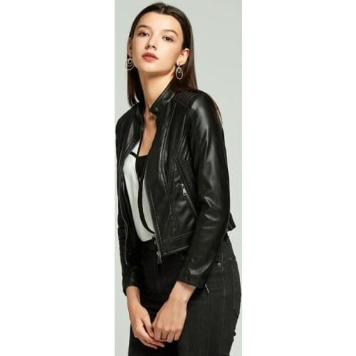 Women Autumn Faux Soft Leather Jacket Ladys O Neck Long Sleeve Streetwear Pu Leather Outerwear Female Overcoat