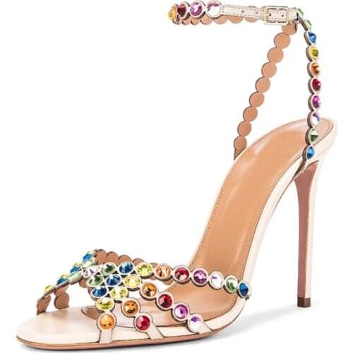 Ladies Multi Rhinestone Straps Sandals Party High Heel Summer Open Toe Ankle Strap Crystal Thin Heels Shoes Woman Dress Shoes