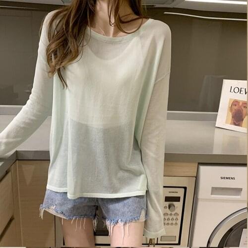 2021summer Women Tops Solid Color Thin Sun protection Knitwear Sweater Korean Style Loose Casual Long sleeve O-neck Sweaters