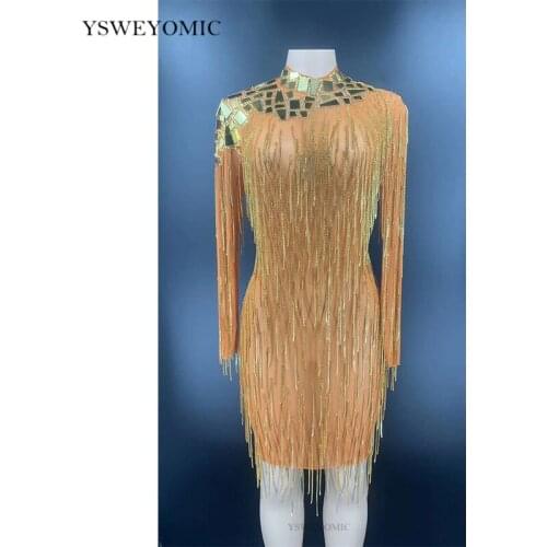 2020 Sparkly Gold Rhinestone Fringe Transparent Backless Short Dress Birthday Celebrate Outfit Women Dancer Show Dress