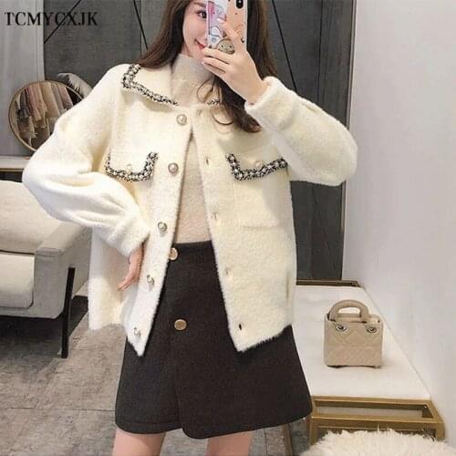 Faux Mink Short Coat Womens 2021 Autumn And Winter New Coats Square Collar Long Sleeve Loose Stitching Cardigan Sweater Jackets