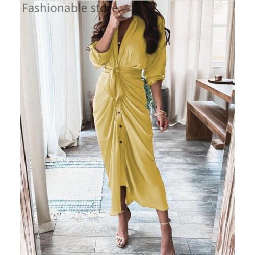Women Yellow Long Sleeve Plain Slit Shirt Dress Maxi Dress