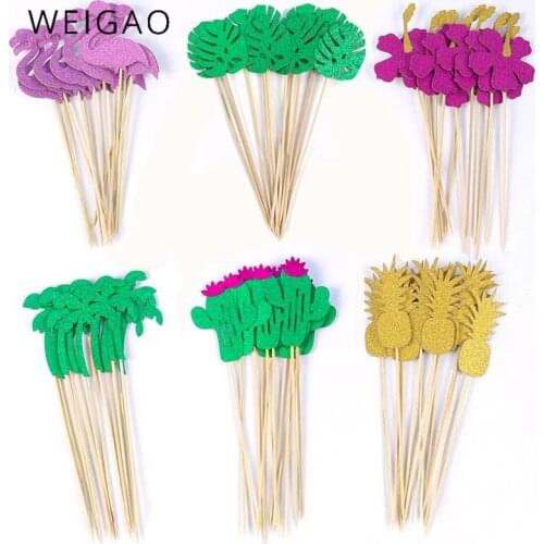 12Pc Summer Hawaii Theme Party Cup Cake Topper Flamingo Palm Leaves Pineapple Wedding Decoration Tropical Birthday Dessert Decor