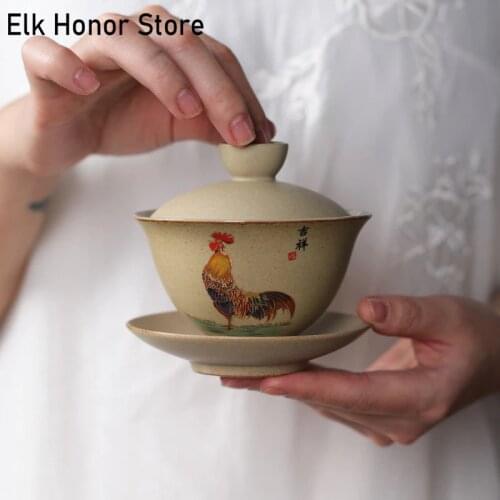 150ml Vintage Jingdezhen Tea Cup Chinese Teaset Rooster Office GaiWan Archaistic Ceramic Tea Bowl Tea Coffee Cup and Saucer Set