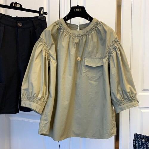 2021 Summer New Women Solid Color Shirt Female Korean Three Quarter Sleeve O Neck Loose Casual Blouse Plus Size Tops Blusas Q500