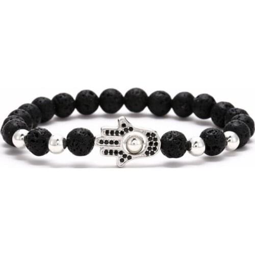 8mm yh563 gold silver Copper cz zircon cubic zirconia elastic adjusted Reiki Prayer black stone volcanic lava Bracelet Bangles