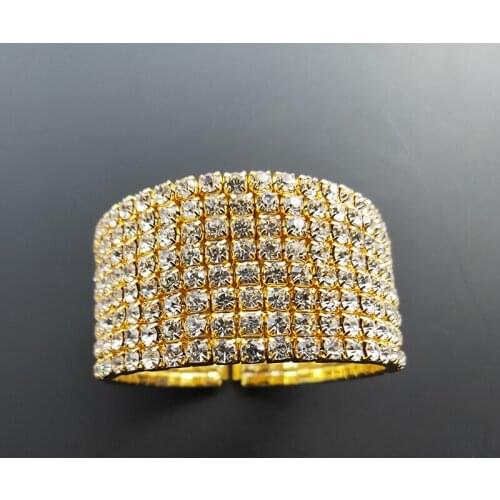 8 Rows Bridal Wedding Side Open Bangle Bracelets Silver Plated and Gold Color Crystal Rhinestone Cuff Bangle for Women