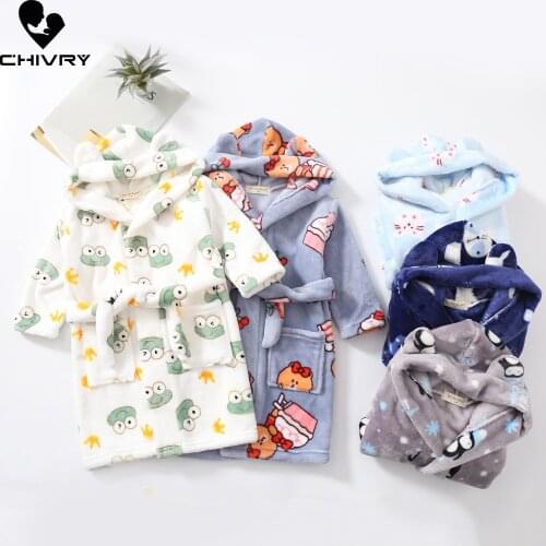 New 2021 Autumn Winter Baby Hooded Bathrobe Kids Bath Robe Boys Girls Warm Soft Flannel Pajamas Kids Cartoon Print Towel Robe