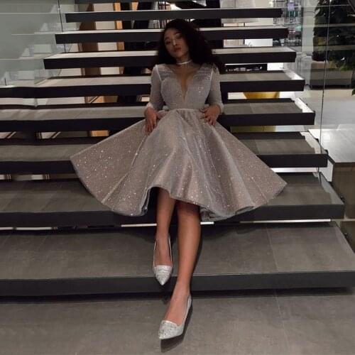 2021 Sparkling Evening Dress robe longue V- neck Long Sleeves Medium Length Wedding Party Dress Prom Gowns فساتين السهرة