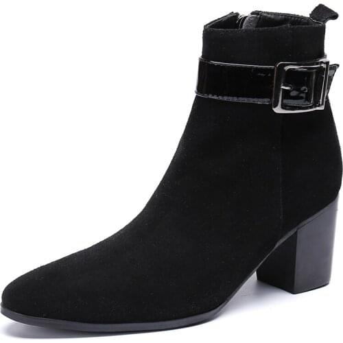 Christia Bella Buckle Strap Men Shoes Solid Suede Leather Boots New Fashion Pointed Toe Boots Big Size Zipper Ankle Boots