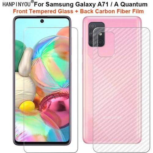For Samsung Galaxy A71 5G A Quantum 1 Set = Soft Back Carbon Fiber Film + Ultra Thin Clear Tempered Glass Front Screen Protector
