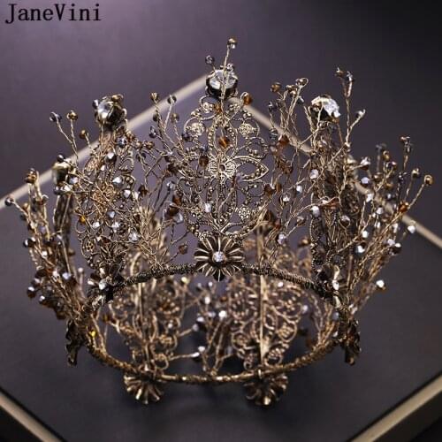 JaneVini Vintage Baroque Gold Full Round Beaded Big Princess Crown for Wedding Tiara Bridal Hair Jewelry Queen Crown Accessories