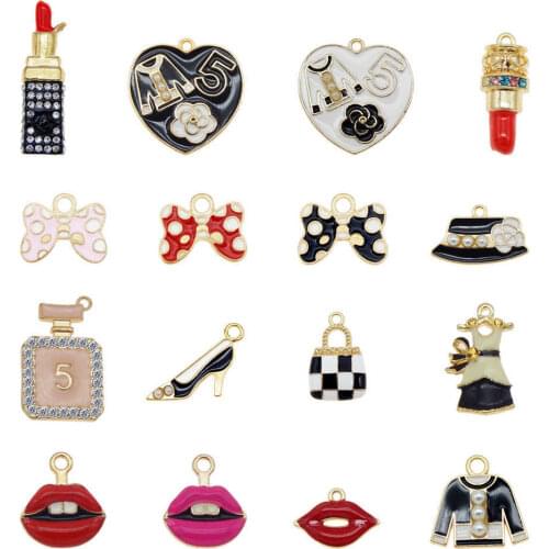 Julie Wang 16PCS Mixed Enamel Lipstick Lip Bow-knot Clothes Heart Charms Alloy Girl Supplies Charm Jewelry Making Accessory