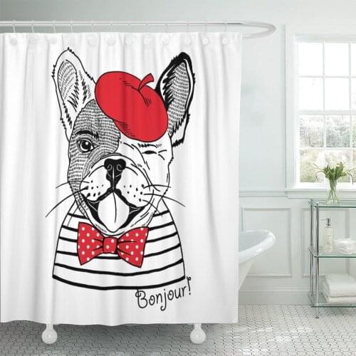 Red Portrait of French Bulldog Dressed Up in White Shower Curtain Waterproof 72 x 78 Inches Set with Hooks