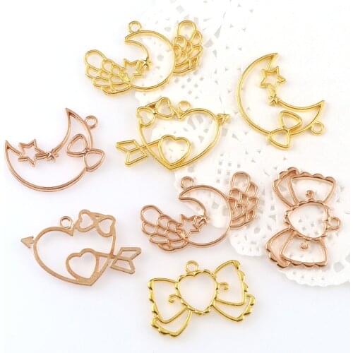 New 4pcs/lot Love Heart Bow Moon Metal Frame Pendant Gold Charm Bezel Setting Cabochon Setting UV Resin Charm