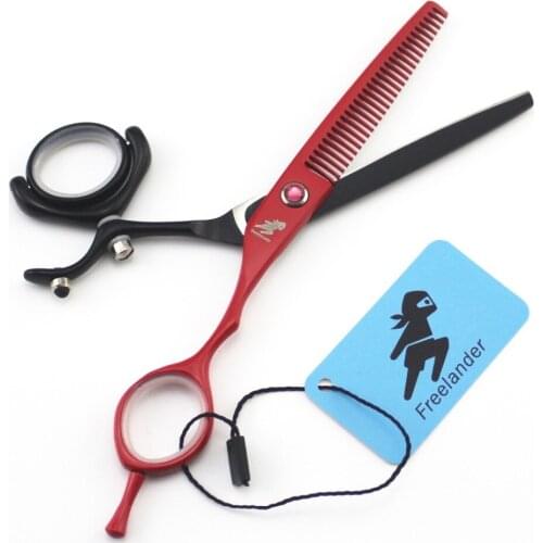 "440C Flat Cut Tooth Cut 360 Degree Rotating Handle Personalized Hair Scissors Japan Black Red Paint 6.0 Inch Model Number Size"
