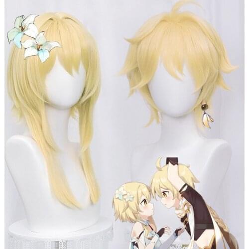 Genshin Impact Traveler Cosplay Aether Lumine Blond Wig Cosplay Anime Wigs Heat Resistant Synthetic Wigs+ Free Wig Cap