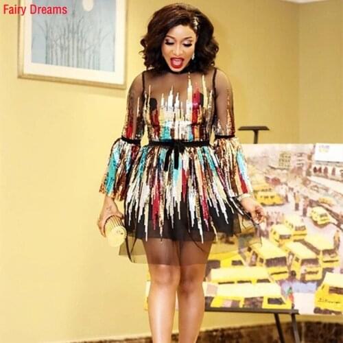 African Mini Dress Colorful Sequin Bronzing Mesh Womens Clothing with Inner Skirt and Belt Ladies Clothes Party Clubbing